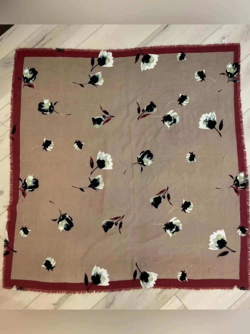 Maurices Taupe Scarf with White & Black Floral Motif and Red Trim